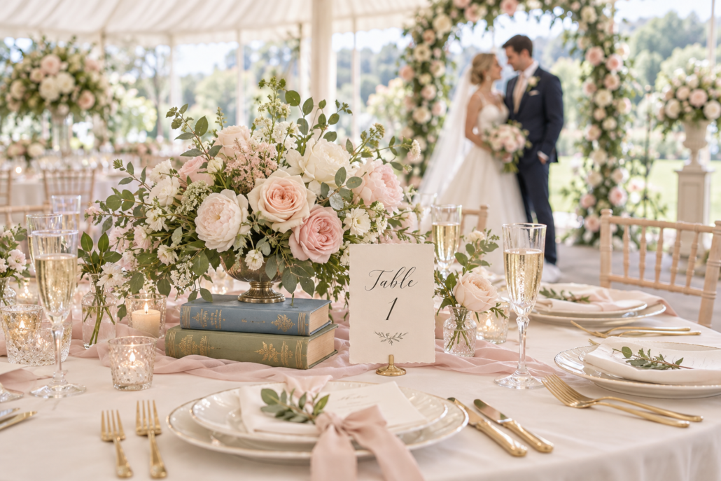 Antique books styled for a wedding table
